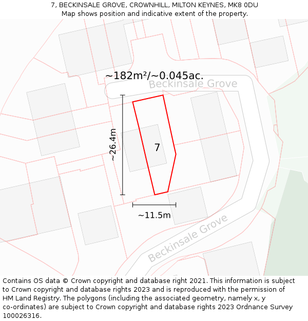 7, BECKINSALE GROVE, CROWNHILL, MILTON KEYNES, MK8 0DU: Plot and title map