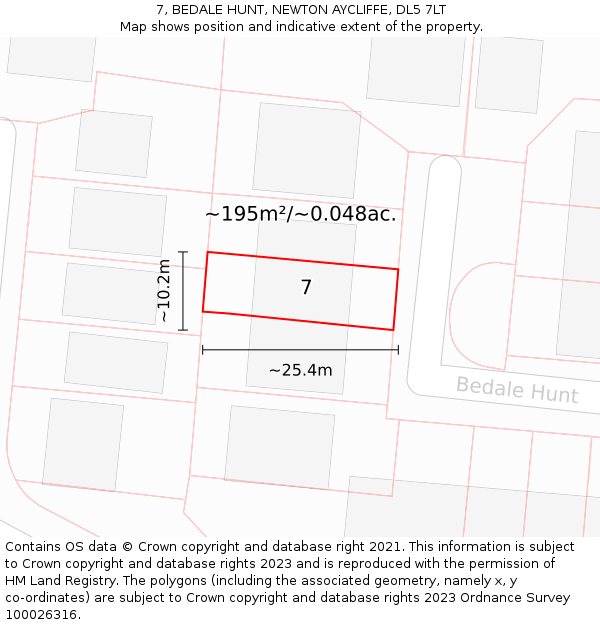 7, BEDALE HUNT, NEWTON AYCLIFFE, DL5 7LT: Plot and title map