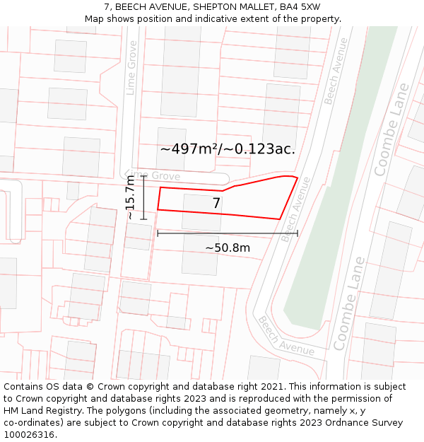 7, BEECH AVENUE, SHEPTON MALLET, BA4 5XW: Plot and title map