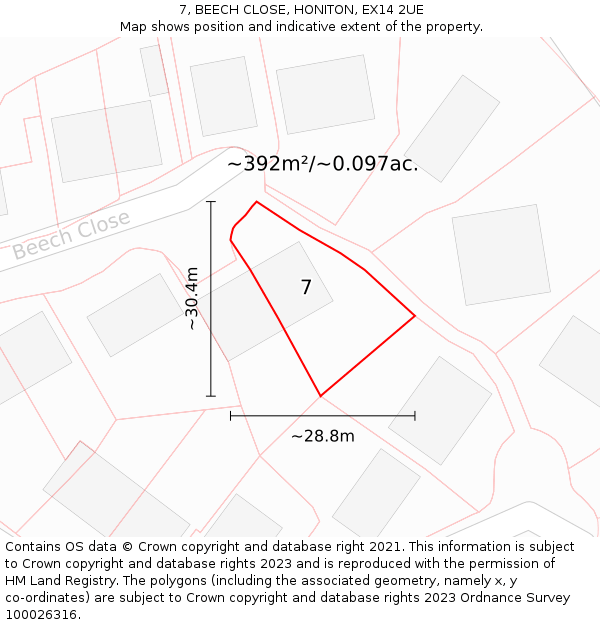 7, BEECH CLOSE, HONITON, EX14 2UE: Plot and title map