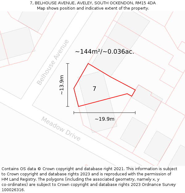 7, BELHOUSE AVENUE, AVELEY, SOUTH OCKENDON, RM15 4DA: Plot and title map