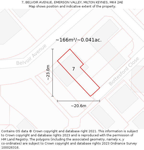 7, BELVOIR AVENUE, EMERSON VALLEY, MILTON KEYNES, MK4 2AE: Plot and title map