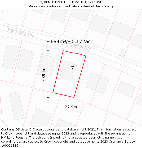 7, BENNETTS HILL, SIDMOUTH, EX10 9XH: Plot and title map