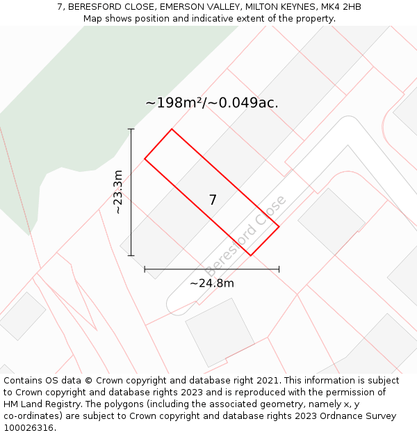 7, BERESFORD CLOSE, EMERSON VALLEY, MILTON KEYNES, MK4 2HB: Plot and title map