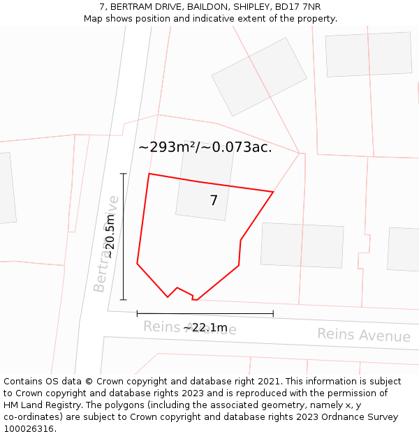 7, BERTRAM DRIVE, BAILDON, SHIPLEY, BD17 7NR: Plot and title map