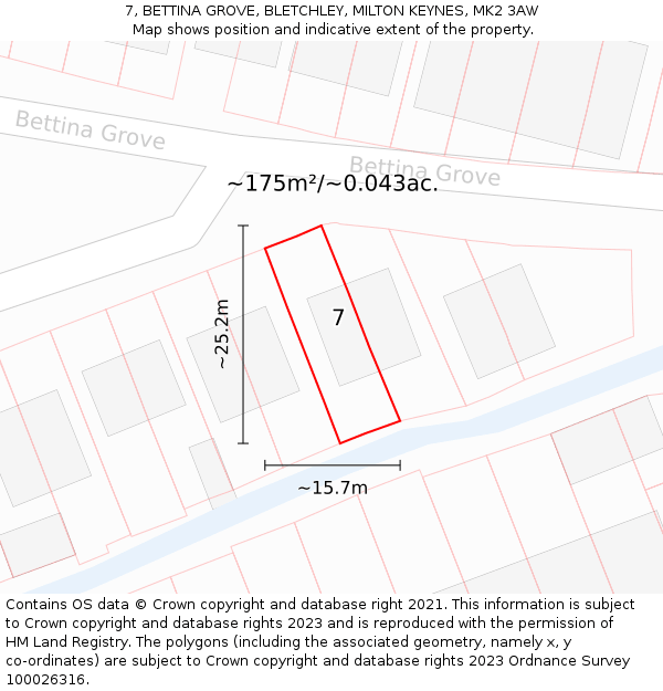 7, BETTINA GROVE, BLETCHLEY, MILTON KEYNES, MK2 3AW: Plot and title map