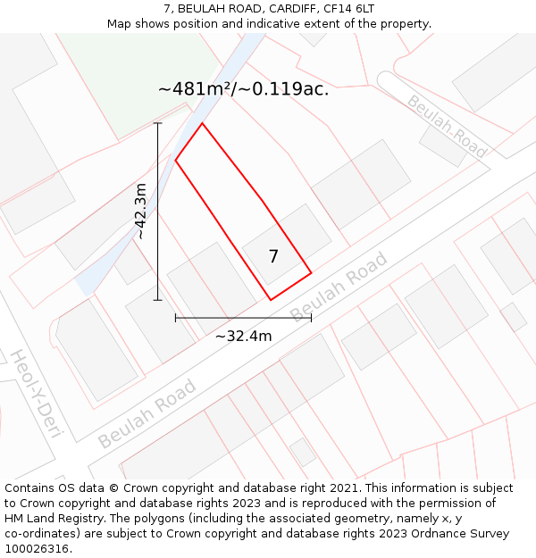 7, BEULAH ROAD, CARDIFF, CF14 6LT: Plot and title map