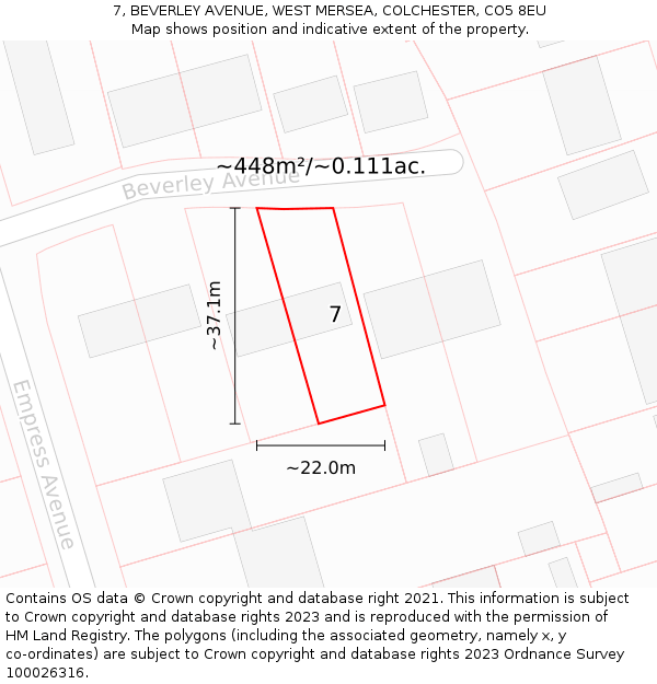 7, BEVERLEY AVENUE, WEST MERSEA, COLCHESTER, CO5 8EU: Plot and title map