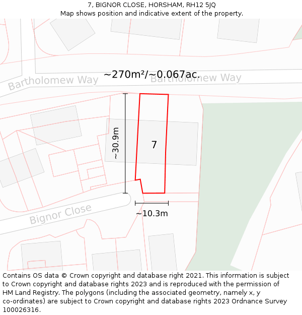 7, BIGNOR CLOSE, HORSHAM, RH12 5JQ: Plot and title map