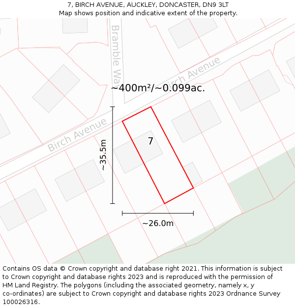 7, BIRCH AVENUE, AUCKLEY, DONCASTER, DN9 3LT: Plot and title map