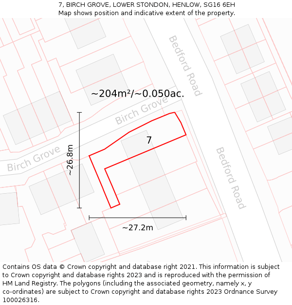 7, BIRCH GROVE, LOWER STONDON, HENLOW, SG16 6EH: Plot and title map