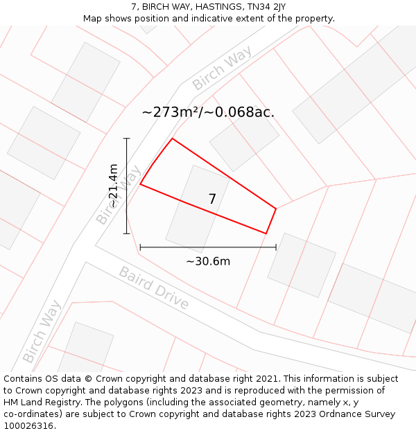 7, BIRCH WAY, HASTINGS, TN34 2JY: Plot and title map