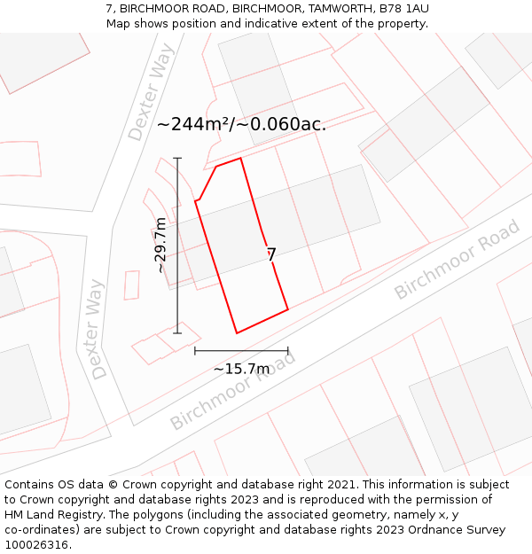 7, BIRCHMOOR ROAD, BIRCHMOOR, TAMWORTH, B78 1AU: Plot and title map