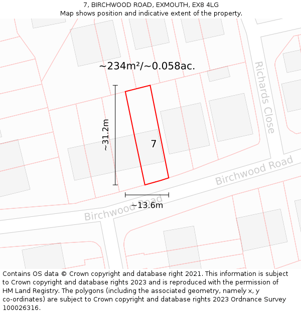 7, BIRCHWOOD ROAD, EXMOUTH, EX8 4LG: Plot and title map