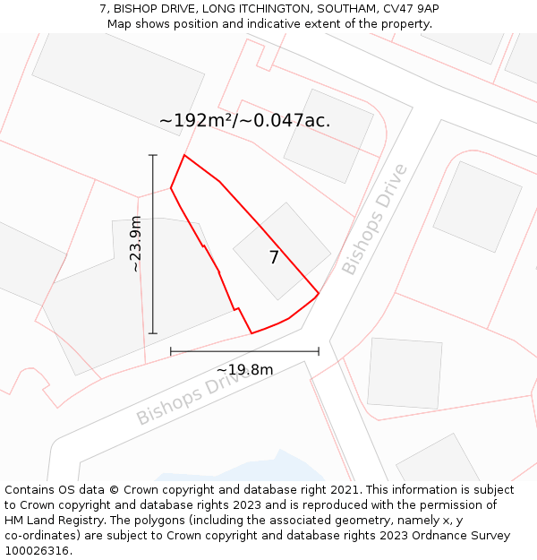 7, BISHOP DRIVE, LONG ITCHINGTON, SOUTHAM, CV47 9AP: Plot and title map