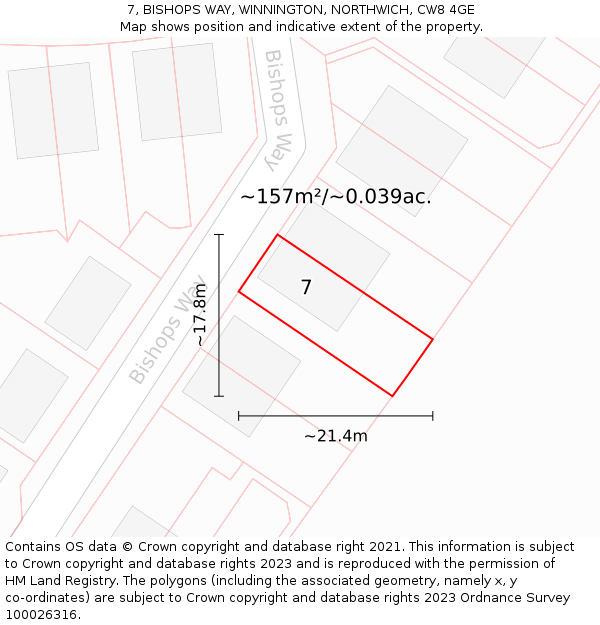 7, BISHOPS WAY, WINNINGTON, NORTHWICH, CW8 4GE: Plot and title map