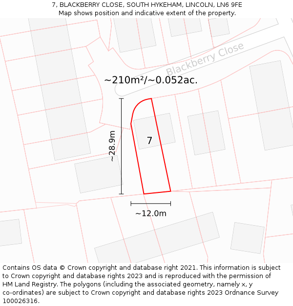 7, BLACKBERRY CLOSE, SOUTH HYKEHAM, LINCOLN, LN6 9FE: Plot and title map