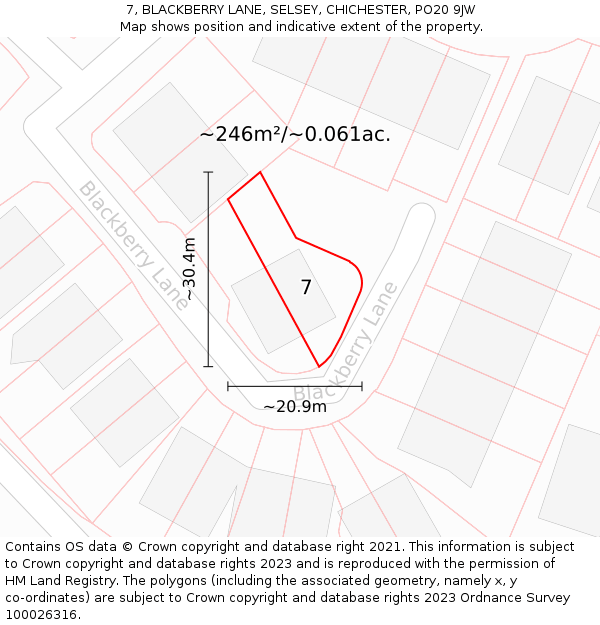 7, BLACKBERRY LANE, SELSEY, CHICHESTER, PO20 9JW: Plot and title map