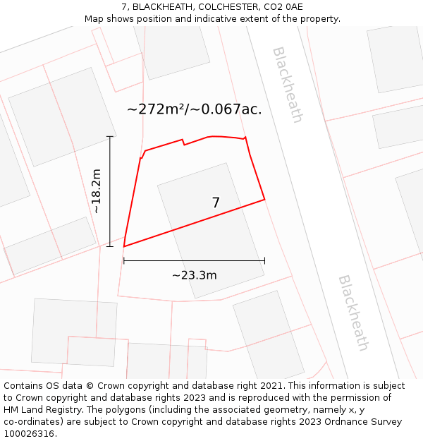 7, BLACKHEATH, COLCHESTER, CO2 0AE: Plot and title map