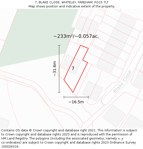 7, BLAKE CLOSE, WHITELEY, FAREHAM, PO15 7LT: Plot and title map