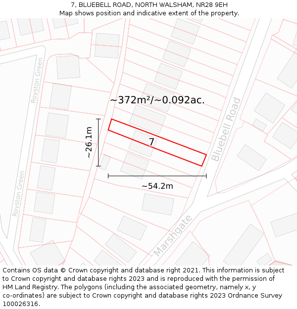 7, BLUEBELL ROAD, NORTH WALSHAM, NR28 9EH: Plot and title map