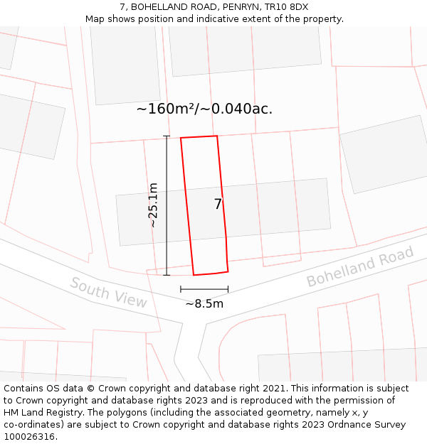 7, BOHELLAND ROAD, PENRYN, TR10 8DX: Plot and title map