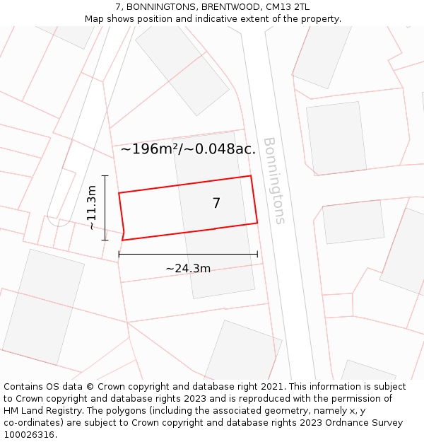 7, BONNINGTONS, BRENTWOOD, CM13 2TL: Plot and title map