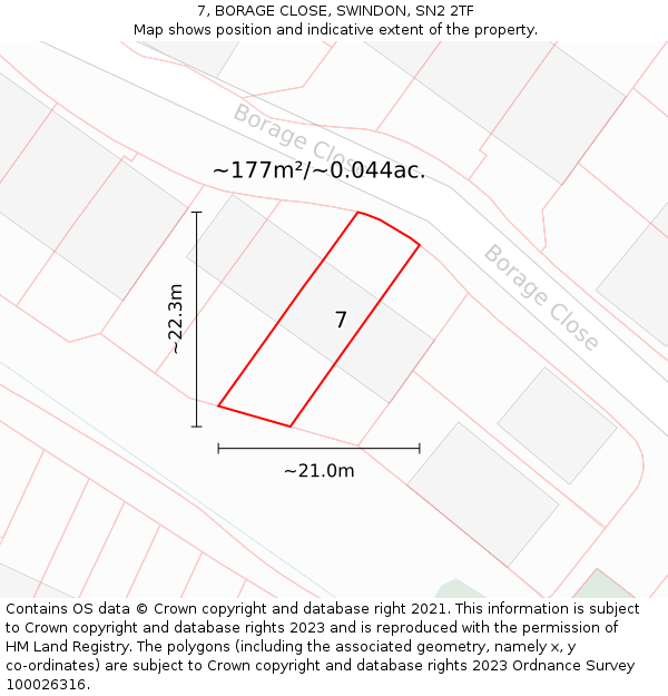 7, BORAGE CLOSE, SWINDON, SN2 2TF: Plot and title map