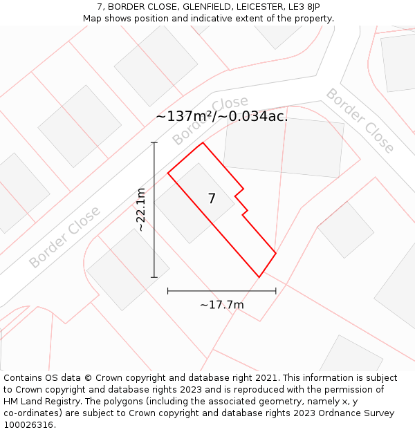 7, BORDER CLOSE, GLENFIELD, LEICESTER, LE3 8JP: Plot and title map