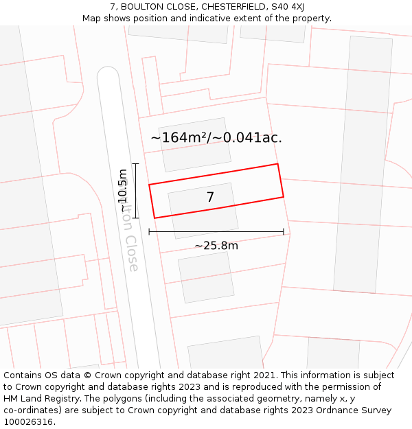 7, BOULTON CLOSE, CHESTERFIELD, S40 4XJ: Plot and title map