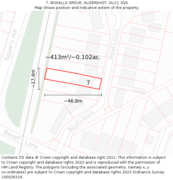 7, BOXALLS GROVE, ALDERSHOT, GU11 3QS: Plot and title map