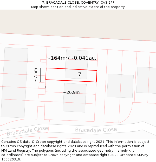 7, BRACADALE CLOSE, COVENTRY, CV3 2PF: Plot and title map