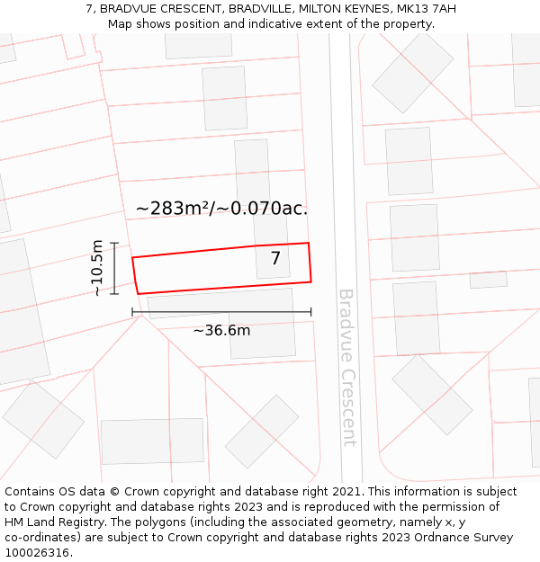 7, BRADVUE CRESCENT, BRADVILLE, MILTON KEYNES, MK13 7AH: Plot and title map