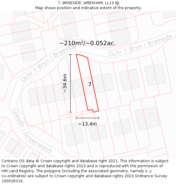 7, BRAESIDE, WREXHAM, LL13 8JJ: Plot and title map