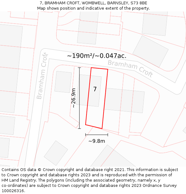7, BRAMHAM CROFT, WOMBWELL, BARNSLEY, S73 8BE: Plot and title map