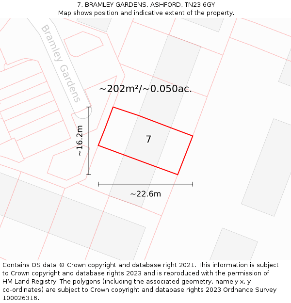 7, BRAMLEY GARDENS, ASHFORD, TN23 6GY: Plot and title map