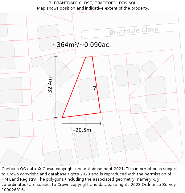 7, BRANTDALE CLOSE, BRADFORD, BD9 6QL: Plot and title map