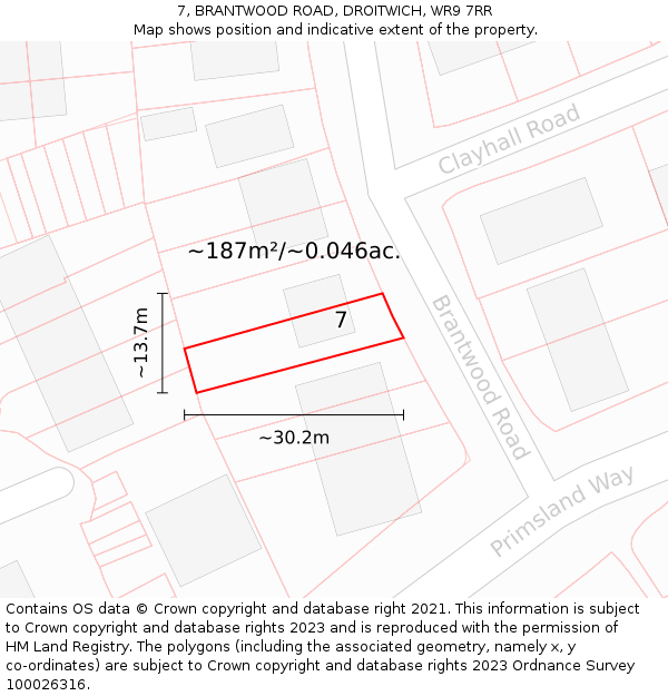 7, BRANTWOOD ROAD, DROITWICH, WR9 7RR: Plot and title map