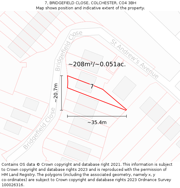 7, BRIDGEFIELD CLOSE, COLCHESTER, CO4 3BH: Plot and title map