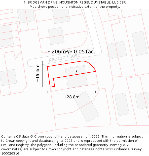 7, BRIDGEMAN DRIVE, HOUGHTON REGIS, DUNSTABLE, LU5 5SR: Plot and title map