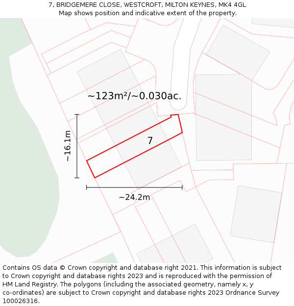 7, BRIDGEMERE CLOSE, WESTCROFT, MILTON KEYNES, MK4 4GL: Plot and title map