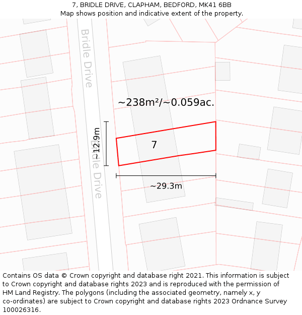 7, BRIDLE DRIVE, CLAPHAM, BEDFORD, MK41 6BB: Plot and title map