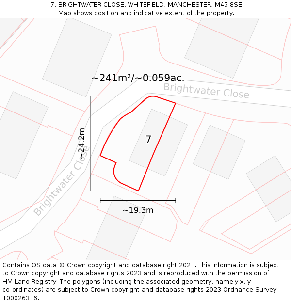 7, BRIGHTWATER CLOSE, WHITEFIELD, MANCHESTER, M45 8SE: Plot and title map