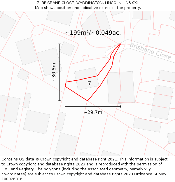 7, BRISBANE CLOSE, WADDINGTON, LINCOLN, LN5 9XL: Plot and title map