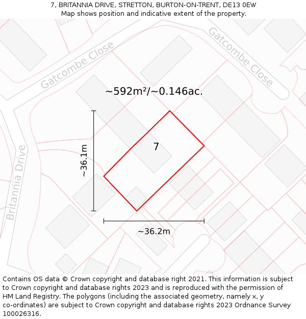 7, BRITANNIA DRIVE, STRETTON, BURTON-ON-TRENT, DE13 0EW: Plot and title map