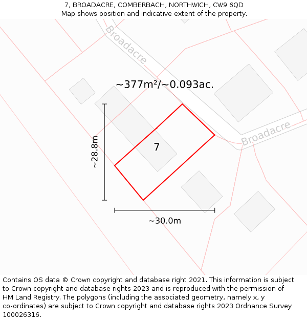 7, BROADACRE, COMBERBACH, NORTHWICH, CW9 6QD: Plot and title map