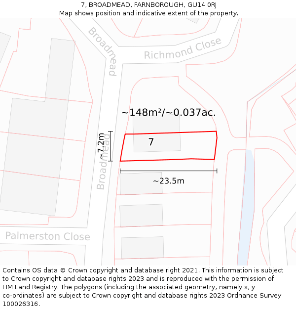 7, BROADMEAD, FARNBOROUGH, GU14 0RJ: Plot and title map