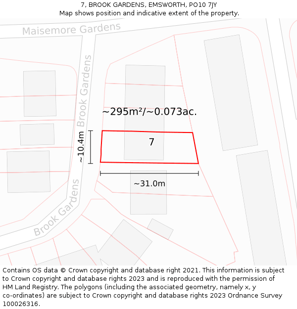 7, BROOK GARDENS, EMSWORTH, PO10 7JY: Plot and title map