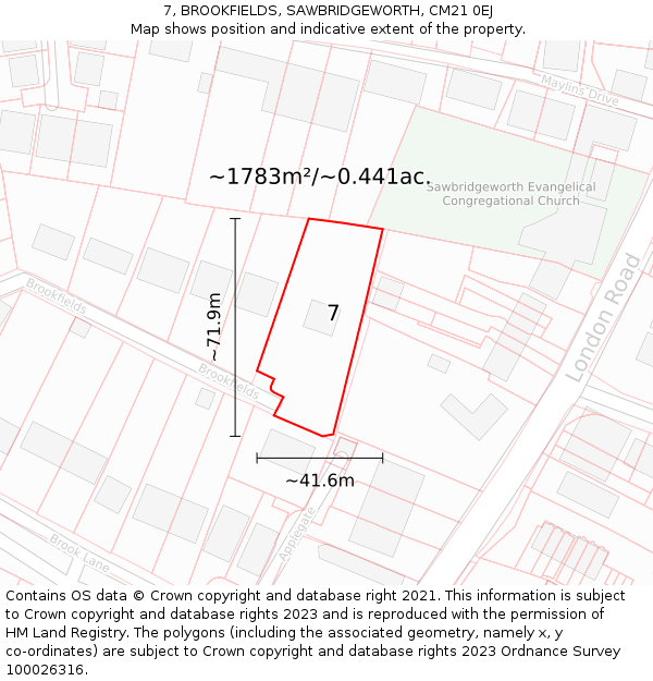 7, BROOKFIELDS, SAWBRIDGEWORTH, CM21 0EJ: Plot and title map