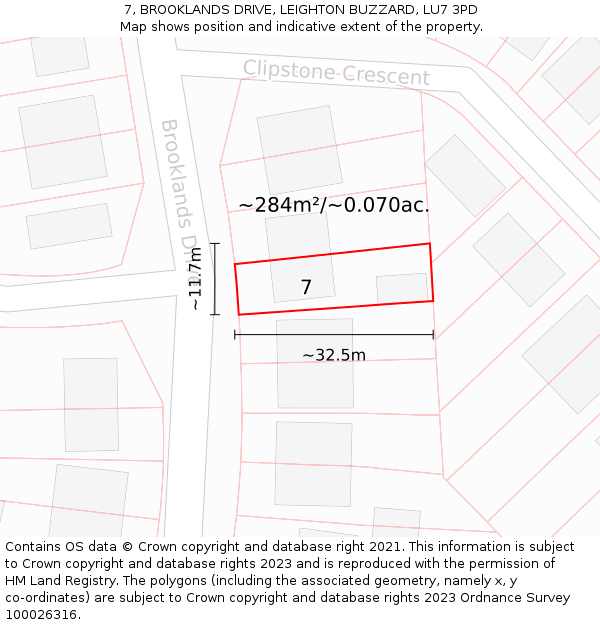 7, BROOKLANDS DRIVE, LEIGHTON BUZZARD, LU7 3PD: Plot and title map